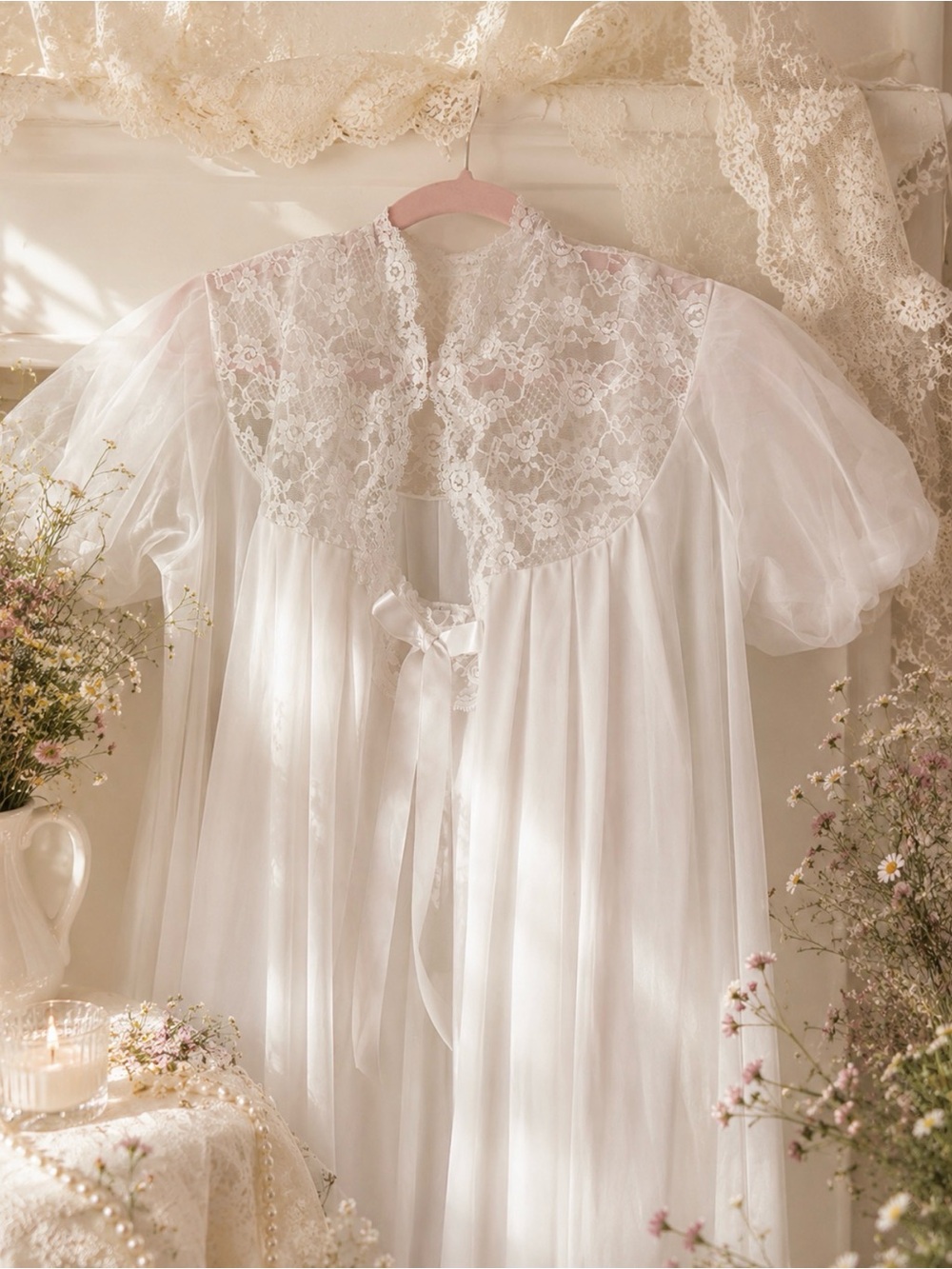 Vintage 50s 60s peignoir set Delicate White Lace Nightgown with Puff Sleeves